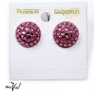 Vintage 1980s Pink Crystal Button Earrings on Card New/Old Store Stock - Hey Viv